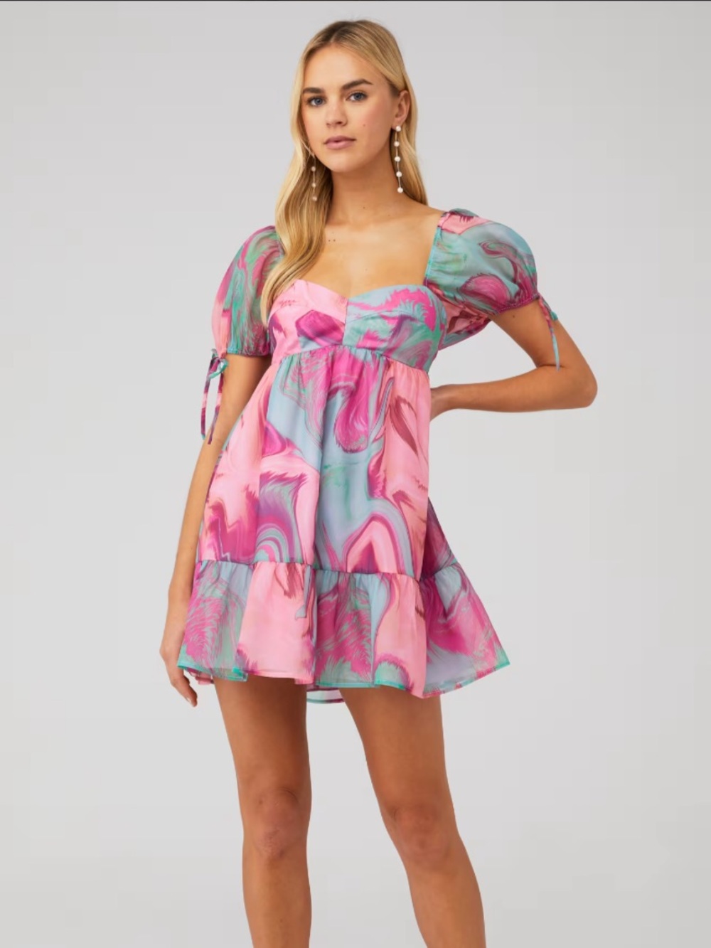 Amanda Uprichard Pink & Teal Swirl Puff-Sleeve Mini Dress